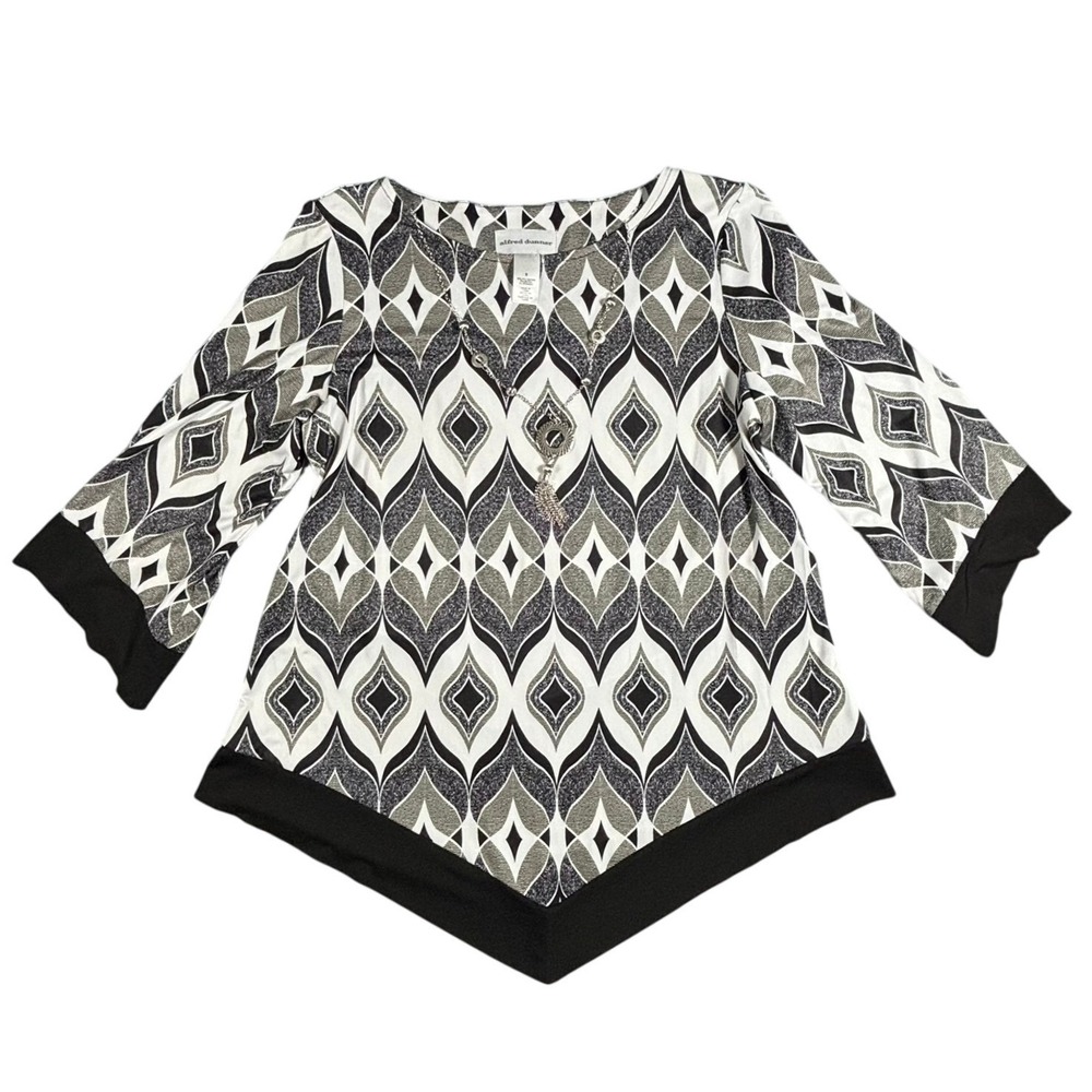 Alfred Dunner‎ Womens Geometric Print Tunic Top 3/4 Sleeve Black White Gray S